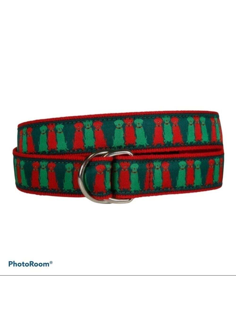 The Belted Cow Three Wise Labs Dog Belt Red Green Leather Trim Preppycore